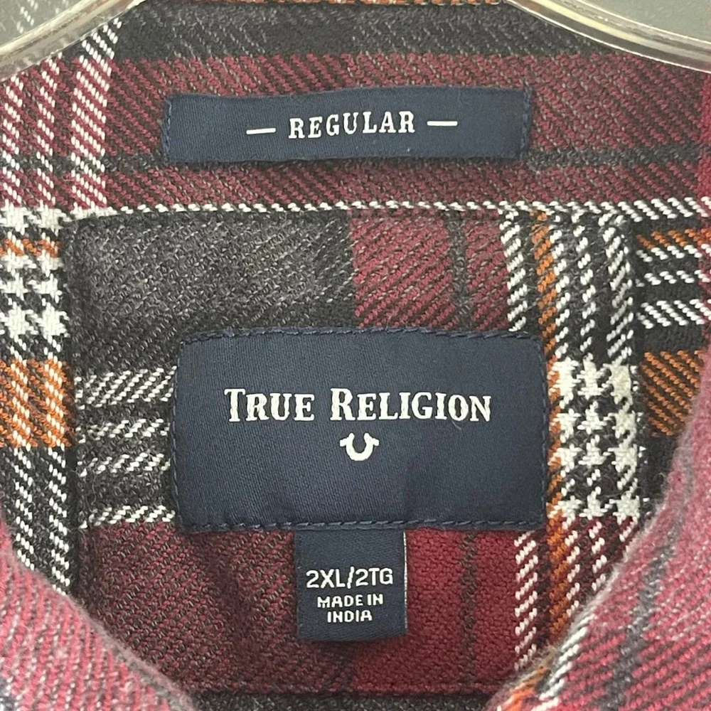 True Religion Mens Full Zip Plaid Flannel Shirt‎ Jacket Red Grey 2XL MSGBD8BY5